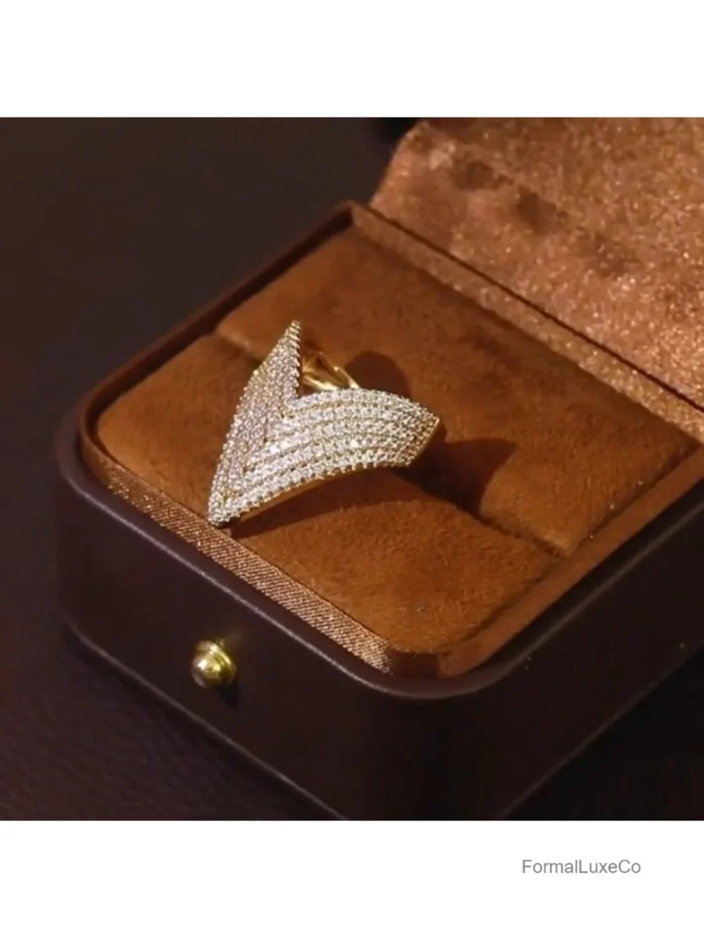V Shape CZ Crystal Ring Gold Adjustable Open Band Wedding Engagement Statement